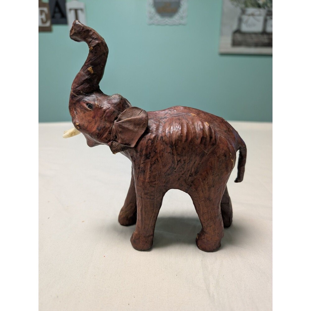 Vintage Leather Wrapped Elephant Sculpture with Tusk and Raised Trunk
